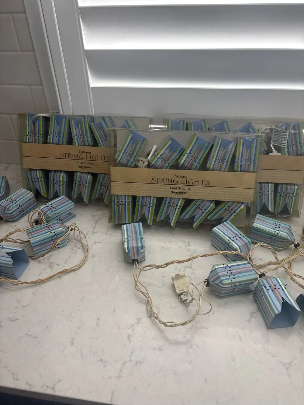 3 new sets Cost Plus World Market Cabana String Lights – Cool Stripes Blue/Green